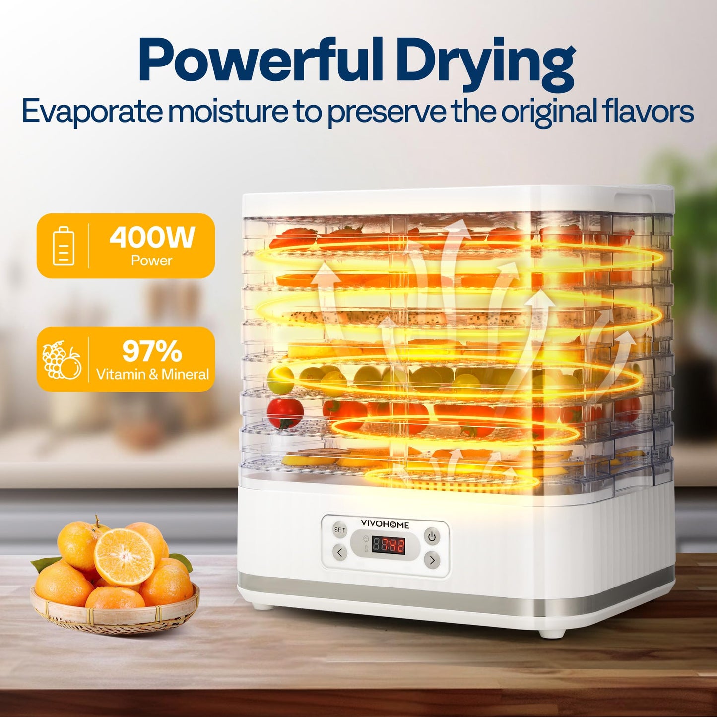 VIVOHOME Dörrautomat mit 8 Einlegefächern 400W BPA frei Dörrgerät mit Temperaturregler von 35°C bis 70°C inkl.72H Timer und Rezept für Fleisch,Obst,Haustier-Leckereiene